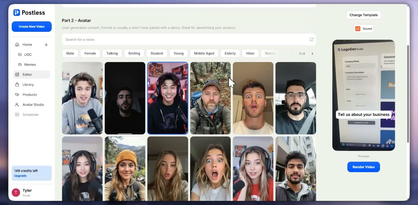 Postless video creation screen