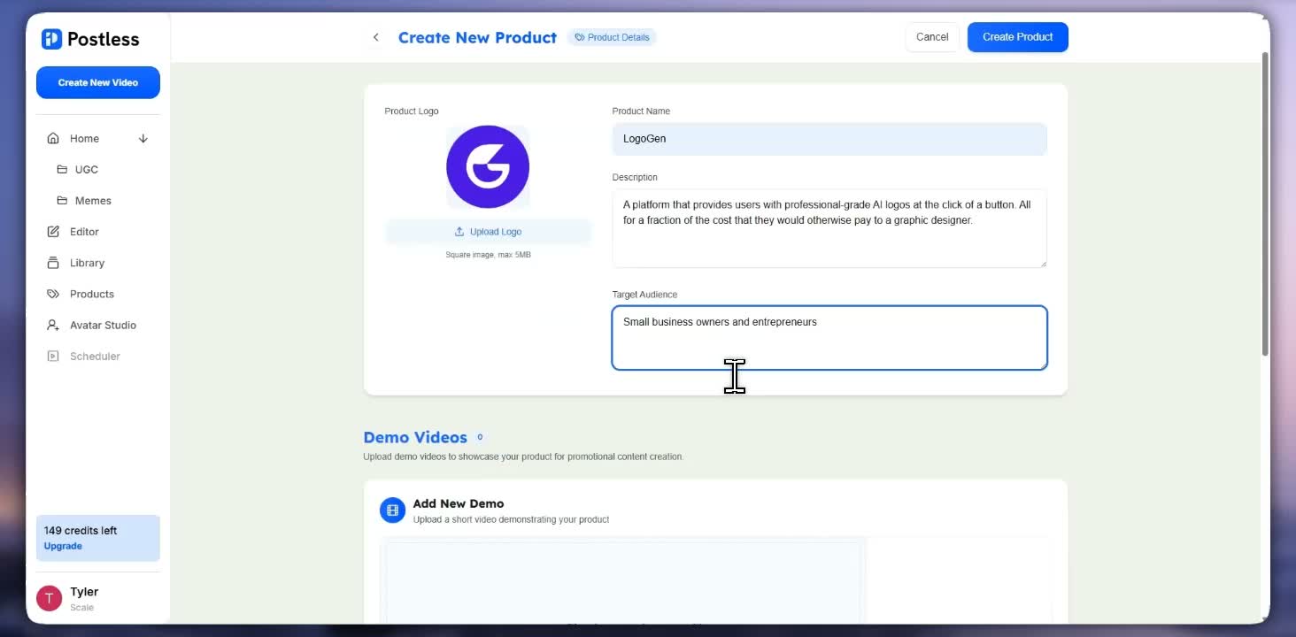 Postless product setup screen